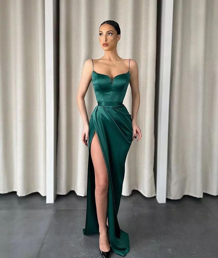 Spaghetti Straps Dark Green Long Mermaid Sweetheart Evening Dress with Split