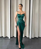 Spaghetti Straps Dark Green Long Mermaid Sweetheart Evening Dress with Split