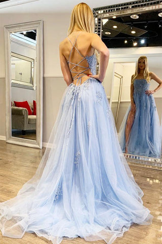 Vestido de festa comprido azul claro com alças finas e aplicações PSK176