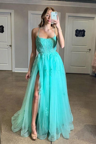 Vestido de festa comprido azul claro com alças finas e aplicações PSK176