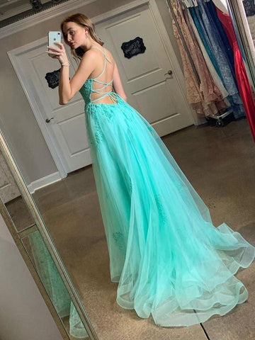 Vestido de festa comprido azul claro com alças finas e aplicações PSK176