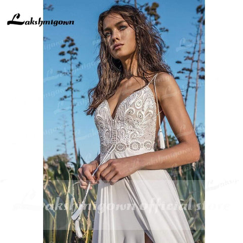 NumberSea Spaghettiträger High Split Rückenfrei Perlen Brautkleider