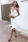 Robe de cocktail/bal de fin d'études en satin blanc, longueur genoux, à bretelles spaghetti PD076