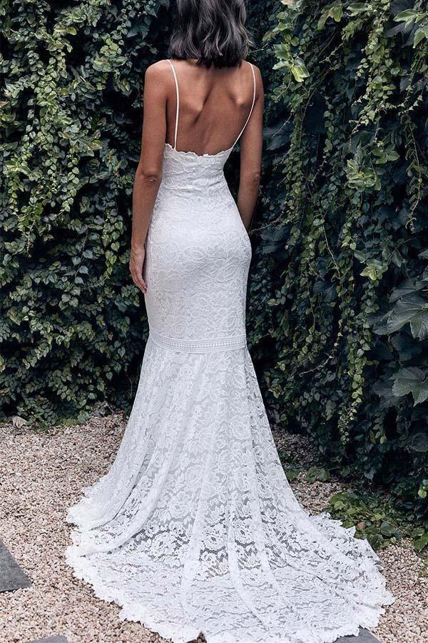 Spaghettiträger Meerjungfrau All-Over-Spitze Elfenbein Hochzeitskleid