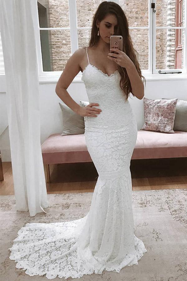Spaghettiträger Meerjungfrau All-Over-Spitze Elfenbein Hochzeitskleid