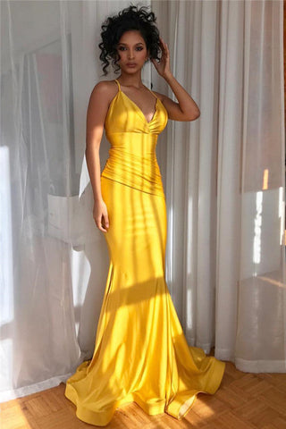 Yellow V-neck Satin Spaghetti Straps Mermaid Long Evening Gown
