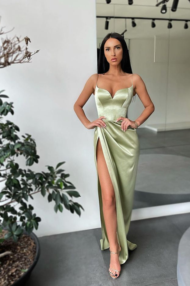 Long Mermaid Sweetheart Spaghetti Straps Satin Prom Dress Split