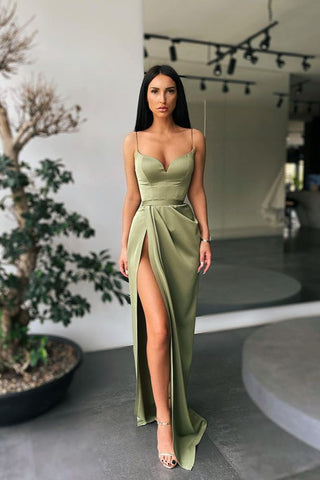 Long Mermaid Sweetheart Spaghetti Straps Satin Prom Dress Split