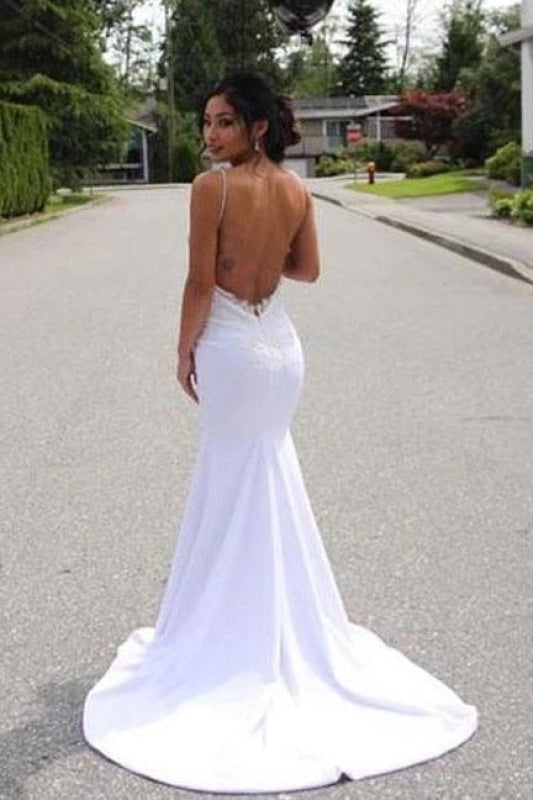 Spaghetti-Träger Hübsche Meerjungfrau-Spitzenapplikationen Sexy Rückenfreies Elegantes Brautkleid
