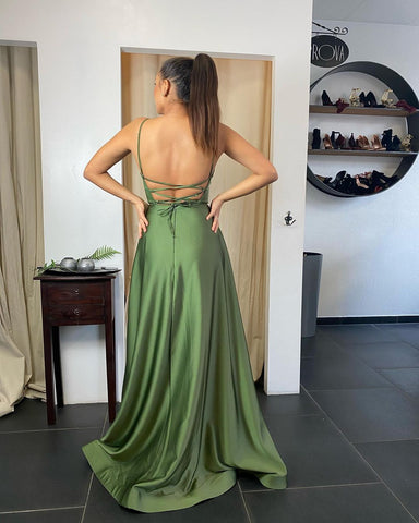 A-line Satin Spaghetti Straps Satin Front Slit Prom Dress Long with Pocket