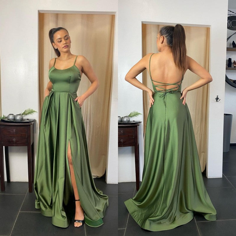 A-line Satin Spaghetti Straps Satin Front Slit Prom Dress Long with Pocket