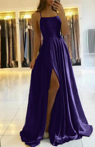 Sage Long A-line Open Back Spaghetti Straps Evening Dress with Slit