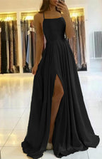 Sage Long A-line Open Back Spaghetti Straps Evening Dress with Slit