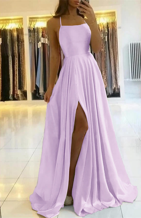 Sage Long A-line Open Back Spaghetti Straps Evening Dress with Slit