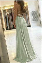 Sage Long A-line Open Back Spaghetti Straps Evening Dress with Slit