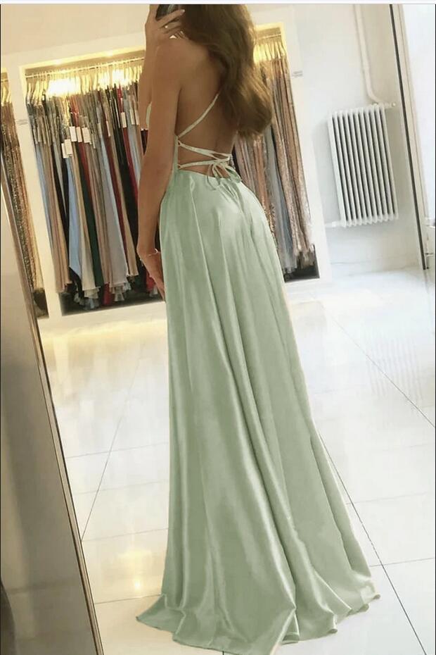 Sage Long A-line Open Back Spaghetti Straps Evening Dress with Slit
