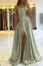 Sage Long A-line Open Back Spaghetti Straps Evening Dress with Slit