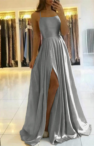 Sage Long A-line Open Back Spaghetti Straps Evening Dress with Slit