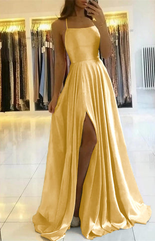 Sage Long A-line Open Back Spaghetti Straps Evening Dress with Slit