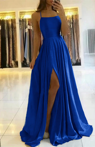 Sage Long A-line Open Back Spaghetti Straps Evening Dress with Slit
