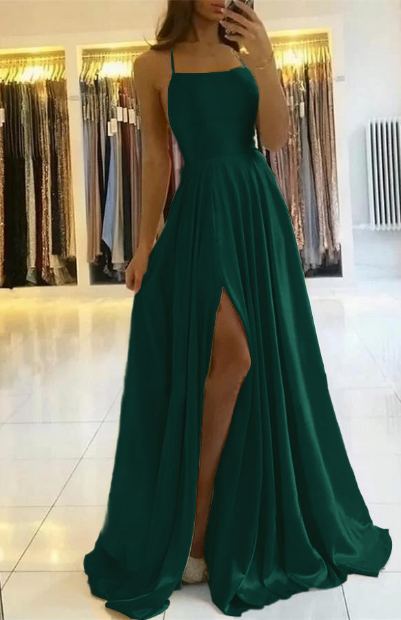 Sage Long A-line Open Back Spaghetti Straps Evening Dress with Slit