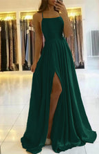Sage Long A-line Open Back Spaghetti Straps Evening Dress with Slit