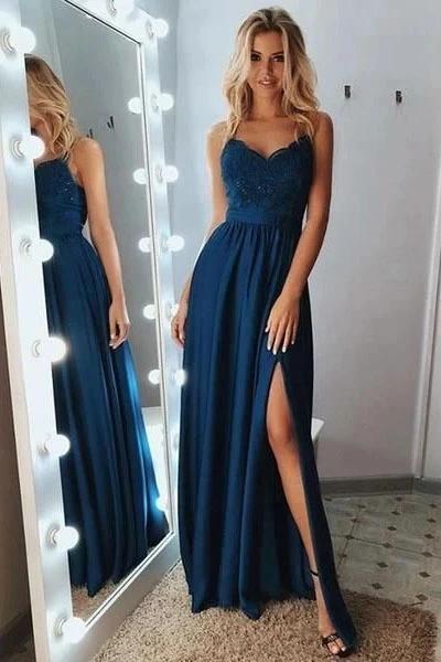 Long A-line Sweetheart Chiffon Spaghetti Straps Prom Dress with Split