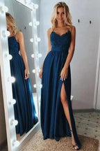 Long A-line Sweetheart Chiffon Spaghetti Straps Prom Dress with Split