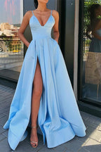 Long A-line V-neck Satin Spaghetti Straps Front Slit Prom Dress with Pockets