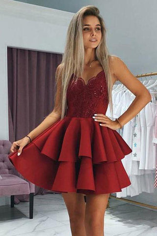 Burgunderrotes Homecoming-Kleid mit Spaghettiträgern, Applikationen und Perlenbesatz PD345