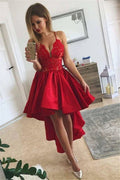 Vestido de Fiesta con Tirantes Finos, Escote en V, Línea A, Bajo Desigual, Encaje y Color Rojo