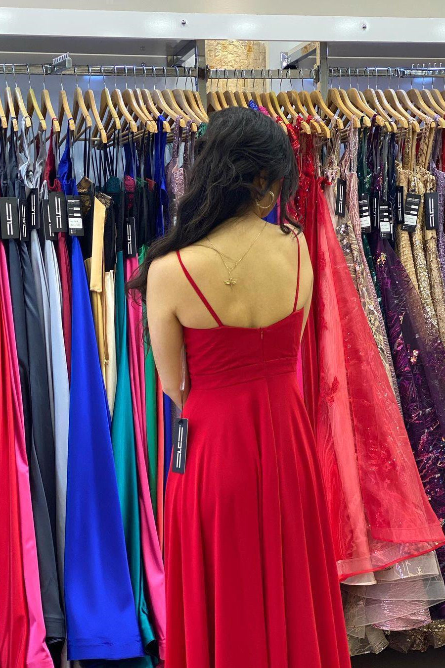 A-line Chiffon Spaghetti Straps Red Long Prom Dress with Slit