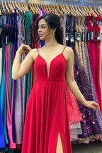 Spaghetti Straps Red A-line Sweetheart Chiffon Long Prom Dress with Slit