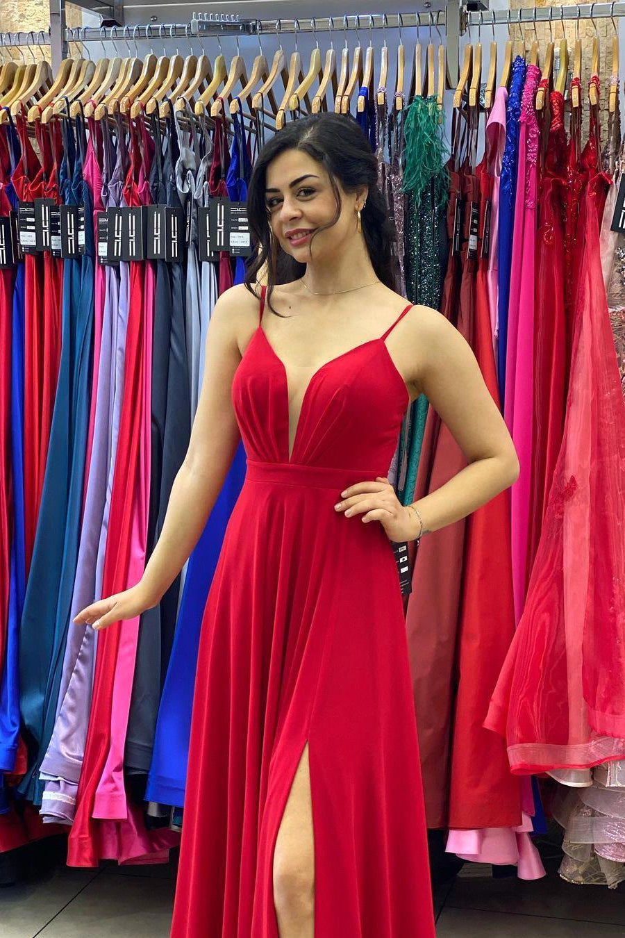 A-line Chiffon Spaghetti Straps Red Long Prom Dress with Slit