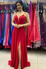 A-line Chiffon Spaghetti Straps Red Long Prom Dress with Slit