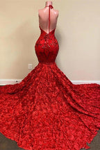 Mermaid Spaghetti Straps Red Long V-neck Open Back Prom Dress