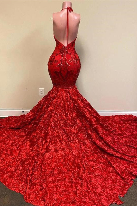 Vestido de festa comprido vermelho com alças finas e decote em V e costas abertas