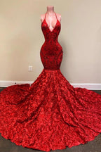 Mermaid Spaghetti Straps Red Long V-neck Open Back Prom Dress