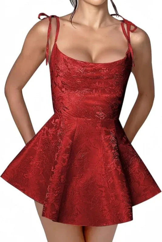 Glamouröses Träger-Satin-Mini-Partykleid Jacquard-ärmelloses Homecoming-Kleid