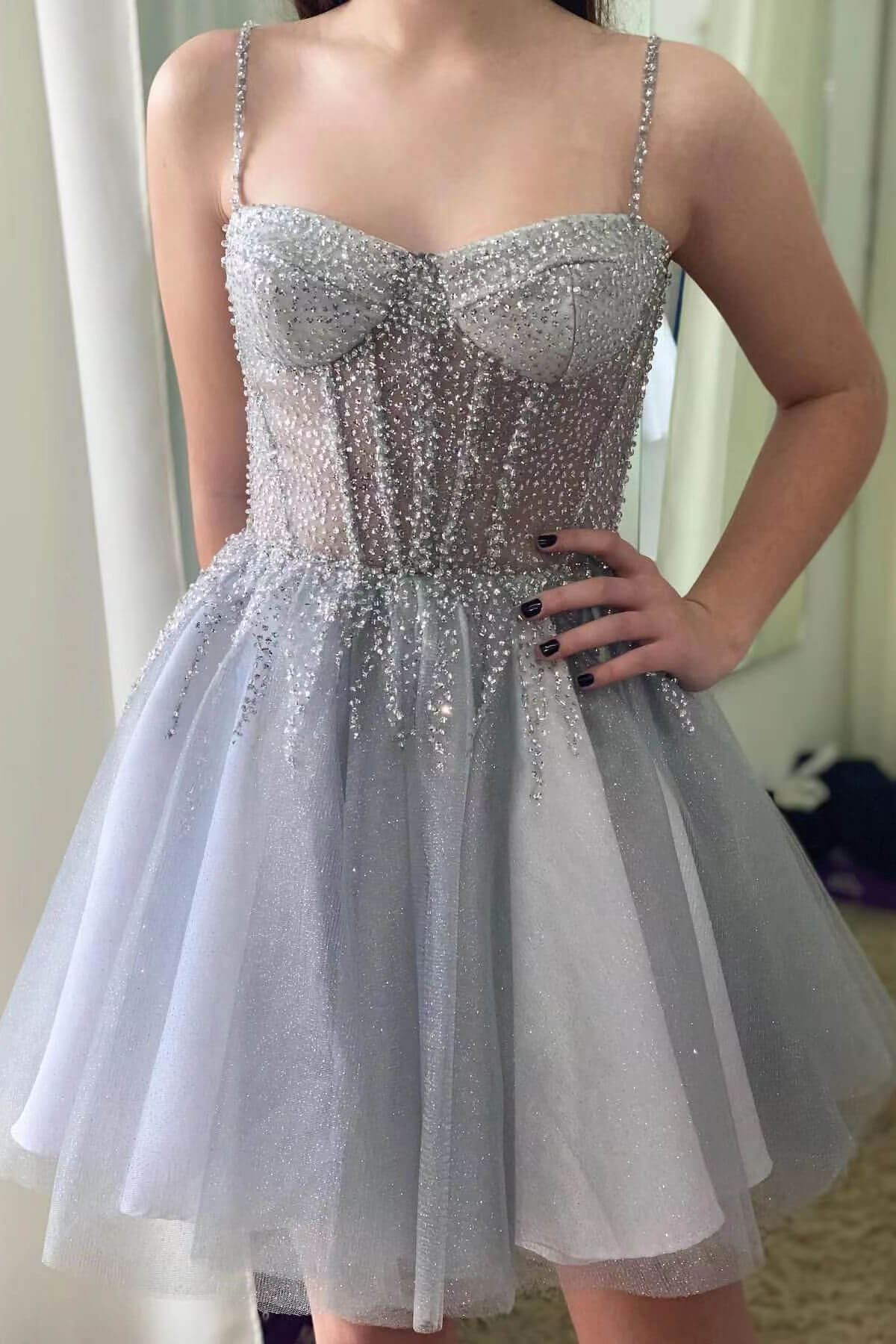 Spaghetti Straps Sequined Silver Gray Tulle Prom Dress with Ruffle