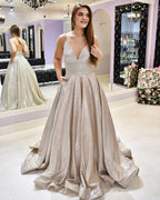 A-line Long Sweetheart Spaghetti Straps Sequins Evening Dress with Pockets