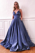 A-line Long Sweetheart Spaghetti Straps Sequins Evening Dress with Pockets