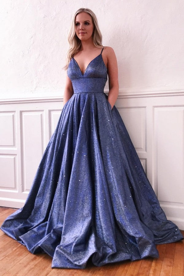 A-line Long Sweetheart Spaghetti Straps Sequins Evening Dress with Pockets