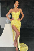 Vestidos de Noche Largos de Sirena con Tirantes Espagueti, Lentejuelas, Escote de Corazón y Abertura