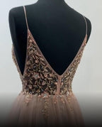 Vestido de baile comprido com alças finas e decote em V, sexy, com missangas, PG844