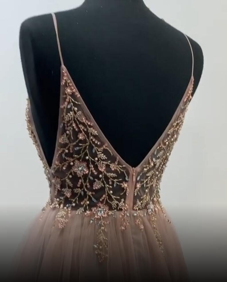 Vestido de baile comprido com alças finas e decote em V, sexy, com missangas, PG844