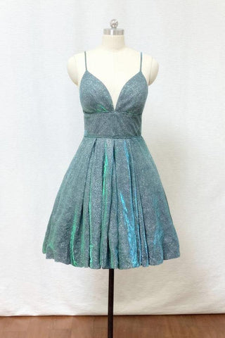 Kurzes Homecoming-Kleid mit Spaghettiträgern, silbergrünem Glitzer und Taschen, PD428