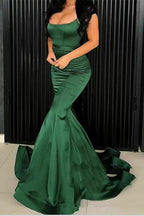 Spaghetti Straps Sleek Mermaid  Green Satin Prom Dress
