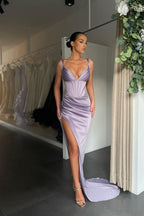 Spaghetti Straps Sleeveless V-Neck Split Prom Dress