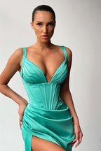Spaghetti Straps Sleeveless V-Neck Split Prom Dress